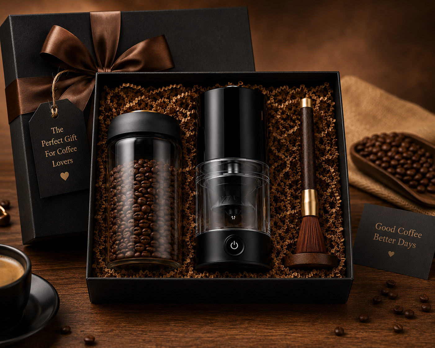 Kit CoffeeMaster molinillo bote cepillo - pack completo café premium
